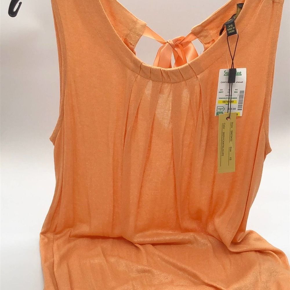 Melissa Paige Shimmery Sleeveless Top Tangerine‎ Ribbon Tie Semi Sheer Pleat